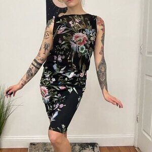 FUZZI Floral Print Blouson Sheath Dress Boat Neck Size S Black